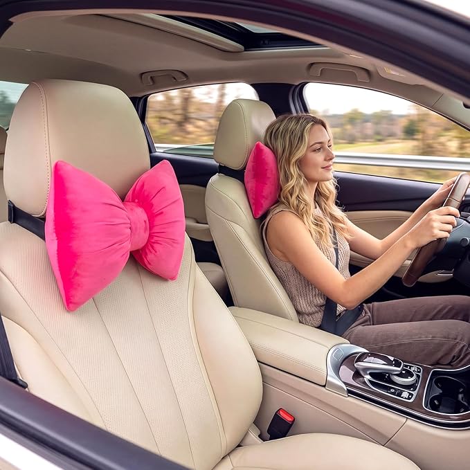 Macarrie 2 Pcs Car Neck Pillow Velvet Bow Headrest Pillow Soft Comfortable Seat Neck Support Cute Bow Car Accessories for Driving Travel Driver Chair Girl Interior Decor (Solid,Rose Red)