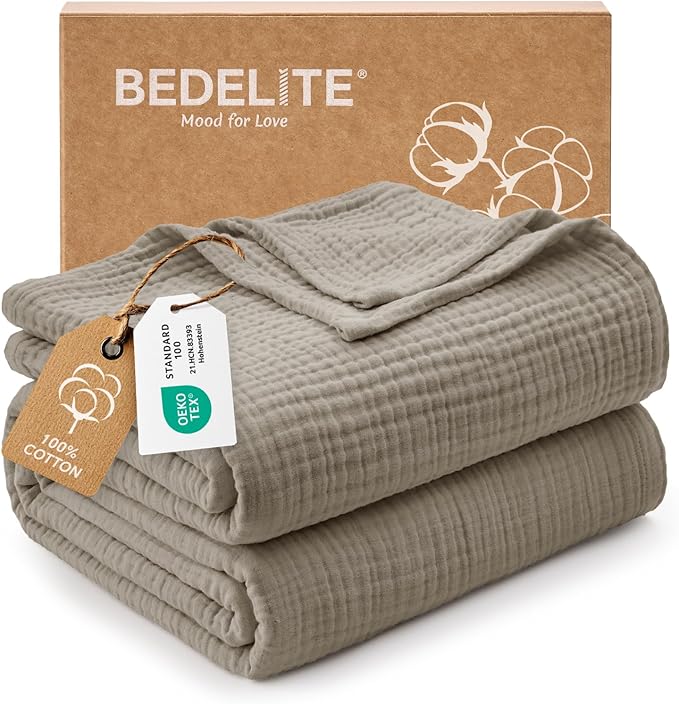 BEDELITE 100% Cotton Muslin Blankets for Adults - 4-Layer King Size Breathable and Lightweight Gauze Blanket for Couch, Bed, Travel and Summer, Soft & Cozy Gift for Women, Taupe, 108"x90"