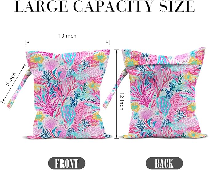 2 Pcs Ocean Coral Print Wet Bags, Ocean Life Wet Dry Bag Reusable Zipper Pouch for Swimsuit, Diapers, Pool, Beach, Travel, Dirty Yoga Gym Clothes, Toiletries, Waterproof Birthday Beach Gifts