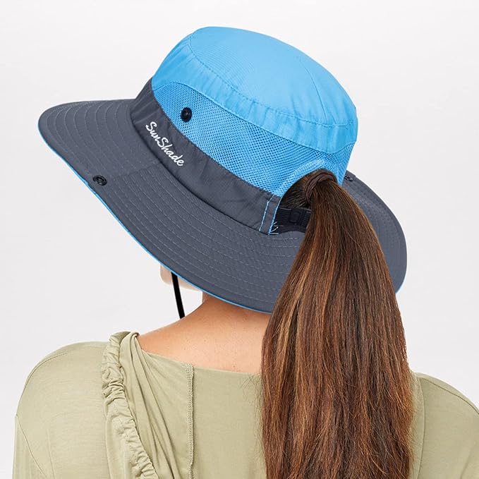 Sun Hat for Women Summer UV Protection Beach Hat Wide Brim Mesh Bucket Fishing Hat with Ponytail Hole Foldable Packable Hat