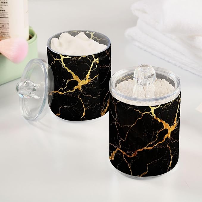 Gredecor Qtip Holder Dispenser 2 Pack Gold Black Marbling Bathroom Decorative Storage Canister Holder Counter Vanity Organizer for Cotton Ball Swabs Pads Floss