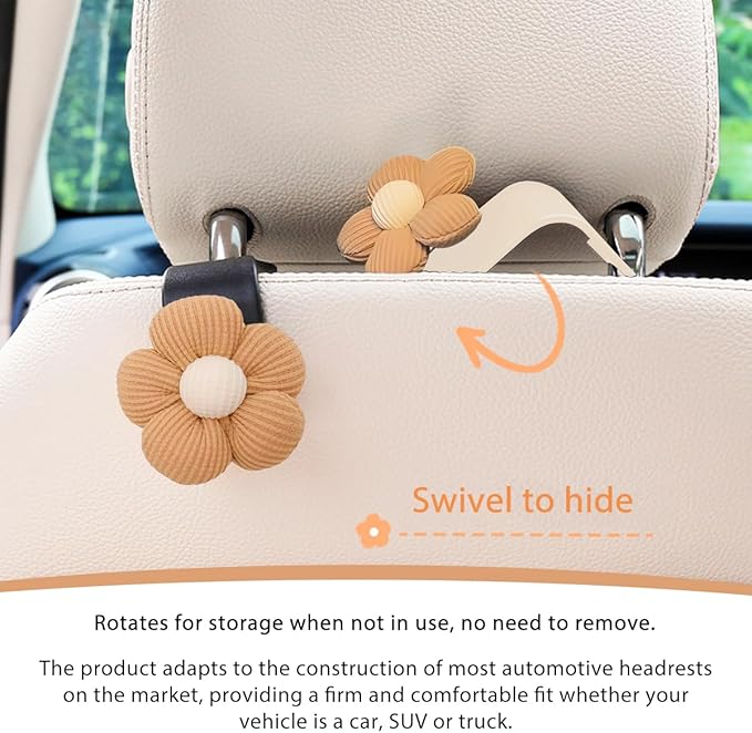 4 PCS Car Seat Headrest Hooks, Cute Flower Car Seat Back Organizer Bag Holder Hooks, Automotive Seat Hook Hanger Storage Organizer for Purse Cloth Grocery Bags, Car Accessories (Brown+White)