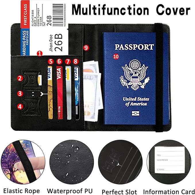 Passport Wallet, Passport Holder with RFID Blocking and Luggage Tag, Waterproof PU Leather Travel Documents Organizer Case, Passport Covers with Card Slot for Women & Men, Purple Starry Sky Trees