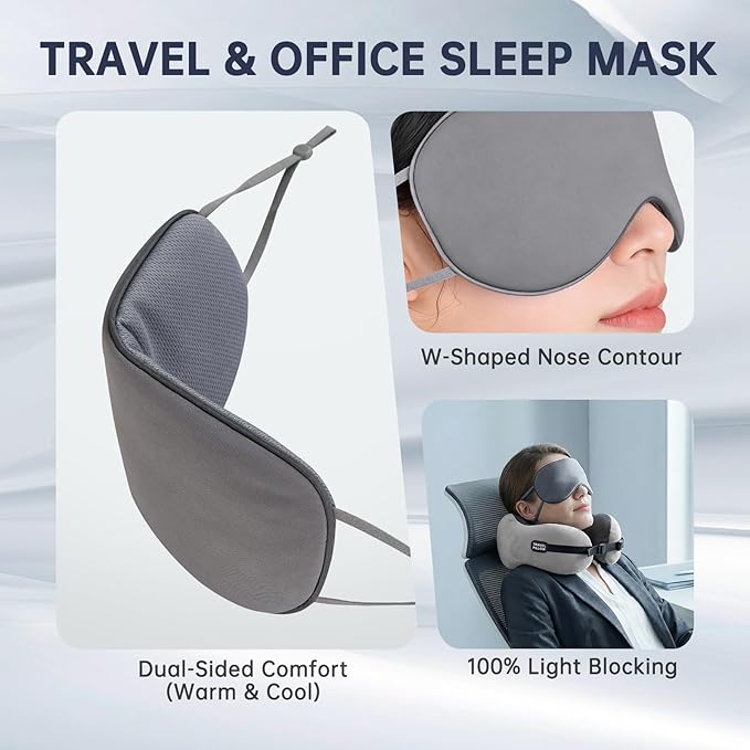 Neck Pillow Travel Pillow - 100% Pure Memory Foam Airplane Pillow with Adjustable Clasp & Removable Cover, Portable Travel Essentials for Long Flights, Car & Office (Light Gray, with Eye Mask)