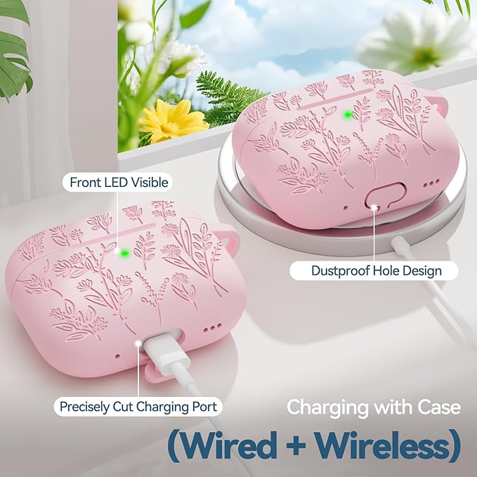 Ekoonpft for Airpods Pro 3 Case, Flower Engraved Cases for Apple AirPods Pro 3rd Generation 2025, Soft Silicone Cover for Men Women Girly with Cleaning Kit & Keychain, Anti-Scratch, Shockproof