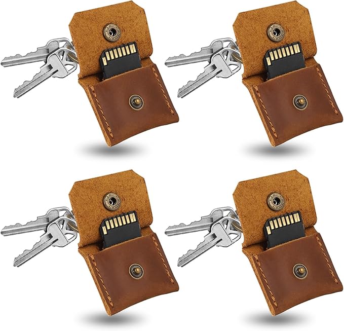 Jack&Chris Genuine Leather SD Card Holder Keychain, Anti-Shock Anti-Dust SD Card Case, Portable Camera Accessories for SD CF CFexpress Micro SD Nano SIM and Micro SIM Cards, Dark Brown 4 Packs