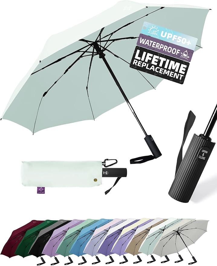 Windproof Travel Umbrella for Rain - 43" Compact Folding Umbrella, Reinforced Strong Frame, Lightweight Portable Parasol with UPF 100+ UV Sun Protection, Cruise Ship Essentials