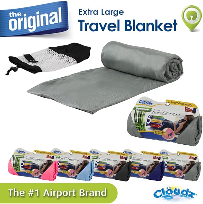 Cloudz Extra Large Airplane Travel Blanket for Your Flight, Car, Camping, Home or Comforting Warmth Anywhere! Includes Warm Cozy Pockets for Your Feet and a Travel Bag - Charcoal
