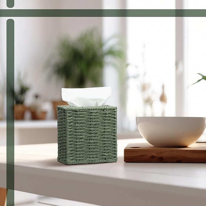 Sage Green Tissue Box Cover Square Natural Paper Rope Hand Woven Tissue Box Holder for Bathroom Living Room Bedroom Kitchen Table Desk Office Boho Home Decor