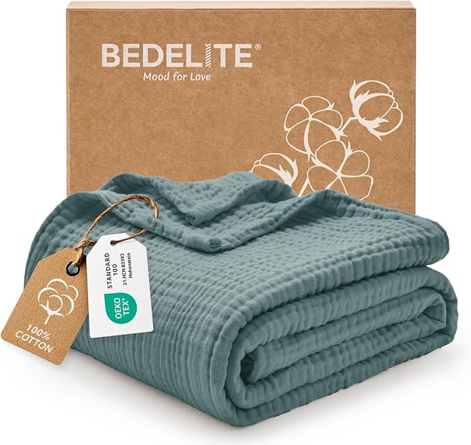 BEDELITE 100% Cotton Muslin Blankets for Adults - 4-Layer Twin Size Breathable and Lightweight Gauze Blanket for Couch, Bed, Travel and Summer, Soft & Cozy Gift for Women, Teal, 60"x80"