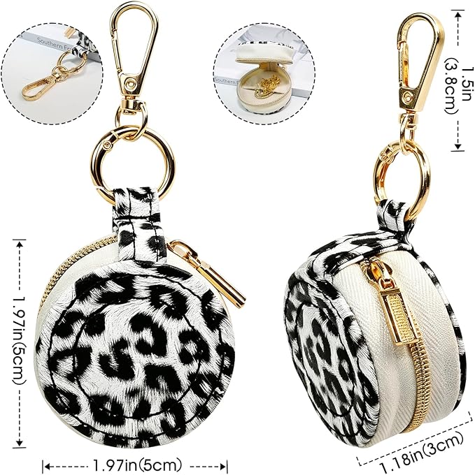 Portable Ring Keychain Holder for Gym and Travel - Jewelry Holder for Sports Bag, Compact Ring Earring Necklace Storage Case (White leopard print)