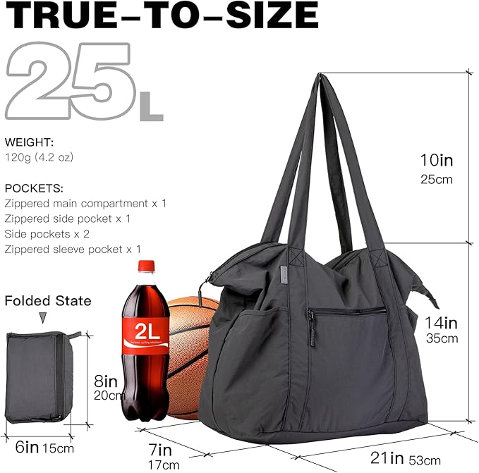 Ultra Light Packable Tote Bag Nylon for Travel, Lightweight Polyester Foldable Duffel Totes with Zipper, 25L Collapsible Compact Dark Grey