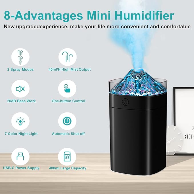 Portable Small Humidifier, 400ml Cool Mist Humidifiers for Bedroom, USB Powered Desktop Humidifier with Light for Car, Office, Travel, Plants, Auto Shut-Off, 2 Mist Modes, Super Quiet, Black