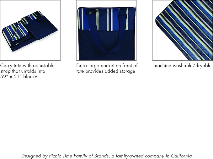 ONIVA - a Picnic Time brand - Vista Outdoor Picnic Blanket & Tote - Beach Blanket - Camping Blanket, (Blue Stripe Pattern with Navy Blue Exterior)