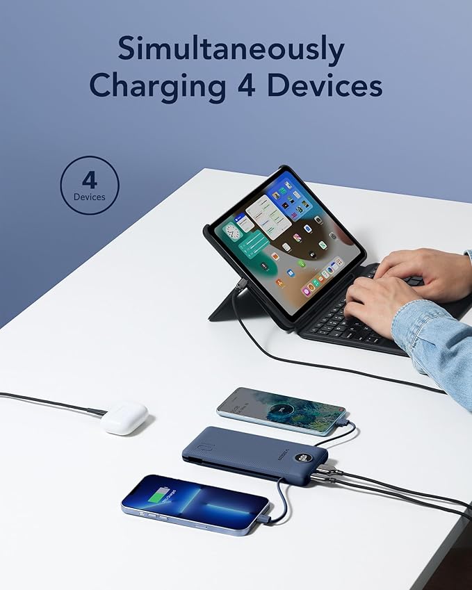 VEGER Portable Charger with Built-in AC Plug and Cables, All in One 10000mAh Ultra Slim Power Bank Emergency Fast Charging for Travel Battery Pack Compatible with iPhone, Samsung, Android, Navy