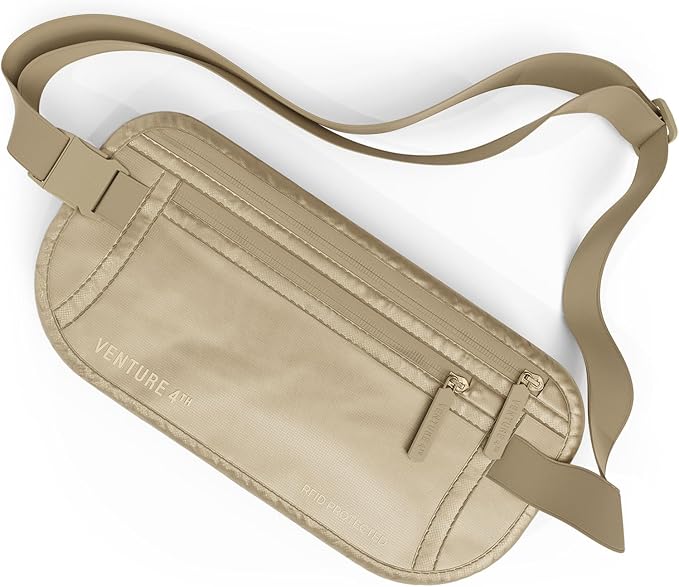 VENTURE 4TH Money Belt for Travel – Slim Hidden Under-Clothes RFID Blocking Anti-Theft Passport Holder & Travel Wallet Pouch for Men & Women to Protect Cash, Cards & Documents (Sleek Beige)