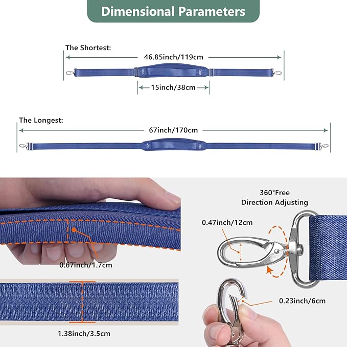67 Inch Shoulder Straps, Soft with Ultra-Thick Fixed Shoulder Pad, Two Way Independently Adjustable Buckle Replacement Straps for Laptop Bag Messenger Bag Tool Bag Luggage,MixBlue