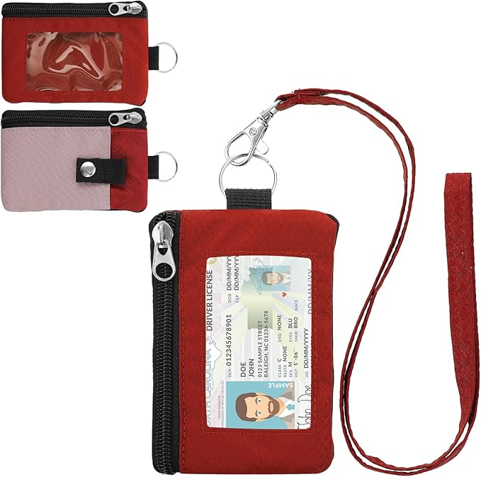 Minimalist Small Wallet for Men Women with 2 Zip Pockets, Multi Functional ID Case with Keychain and Card Holder, Coin Purse Badge Lanyard Pouch for Boys Girls Travel - Red&Pink