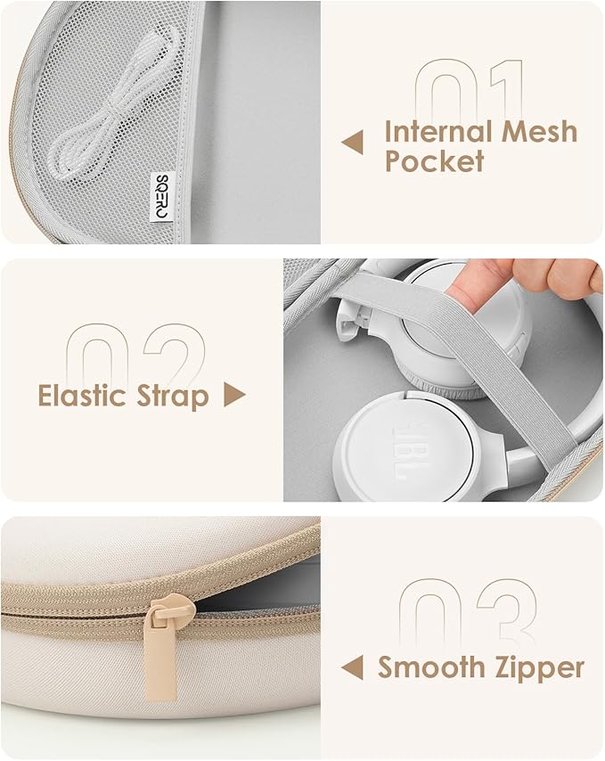 Headphone Case Hard Shell for JBL Tune 520BT/510BT/500BT/720BT/Bose/Soundcore Anker/BERIBES/KVIDIO/TOZO/JLab, Ultra-Slim Over-Ear Headset Universal Portable Travel Organizer Bag (Beige)