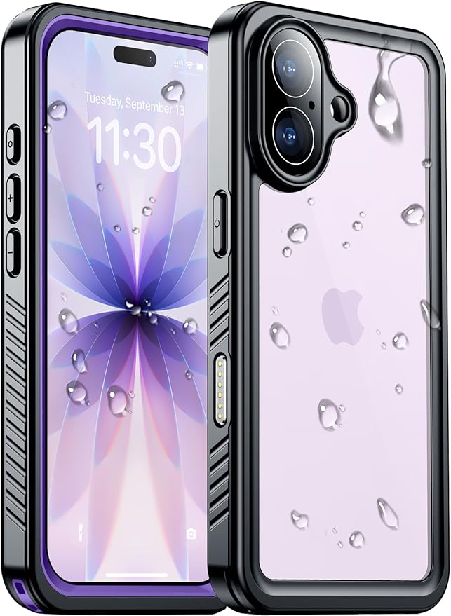 Compatible with iPhone 17 Case,Waterproof Built-in Screen & Camera Protector IP68 Underwater Full Body 17FT Military Dropproof Shockproof Phone Case 6.3"-Purple/Clear