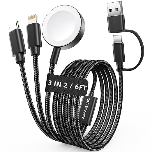 Travel Essentials,3 in 2 USB C Cable for Apple Watch Charger,iPhone Charger,Multi Charging Cable,Cruise Vacation Camping Portable for iWatch Series 11-2/Ultra/SE & iPhone 17-12,Car,Black-6FT