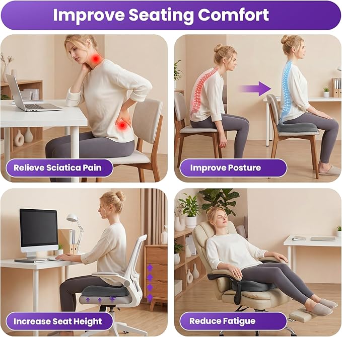 ZZ-WELL Seat Cushions for Office Chairs, Car Seat - Patented Coccyx Cushion for Tailbone Pain - Memory Foam Butt Cushion for Pressure Relief - Carry Handle & Non Slip Bottom (Grey)