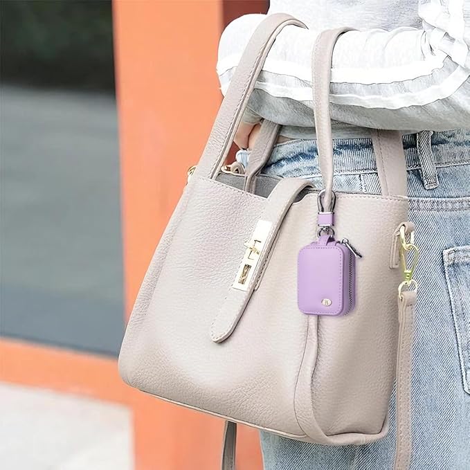 2 PCS Earbud Case with Keychain Portable PU Leather Headphone Storage Bag Shell Earphone Organizer for Wired Wireless Earphone Earbud Earpieces SD Memory Card Camera Chips (Purple + Pink)
