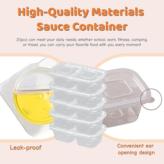 Snack Containers with Lids - 20PCS Reusable Double Compartment Condiment Containers for Portion Control, Microwave Safe Meal Prep Snack Containers for Lunch, Picnics, Parties