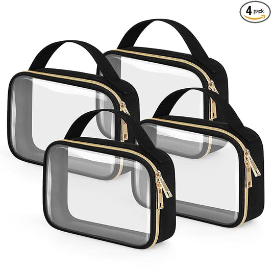 Wedama TSA Approved Toiletry Bag, 4 Pack Clear Makeup Bags with Handles, Quart Size Toiletry Bags, PVC Clear Cosmetic Bags for Women and Men, Carry on Airport Airline Compliant Bag, Black