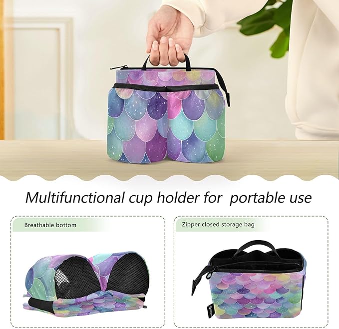 Luggage Cup Holder for Suitcases Free Hands Suitcase Cup Holder Travel Luggage Drink Holder Portable Luggage Cup Caddy Bag Carrier with Handle Watercolor Mermaid Scales Colors