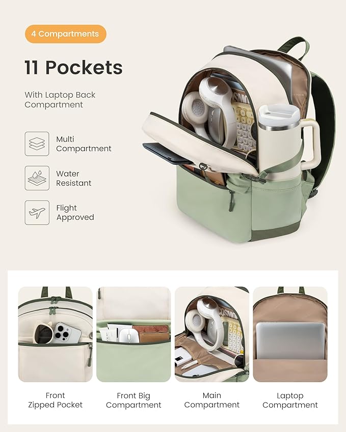 LOVEVOOK Laptop Backpack for Women with Giant Tumbler Holder,17.3 Inch Laptop Computer Bag Travel Backpack Purse,Waterproof Work Business Backpack College Bookbag Teacher Bags,Beige-Mint Green