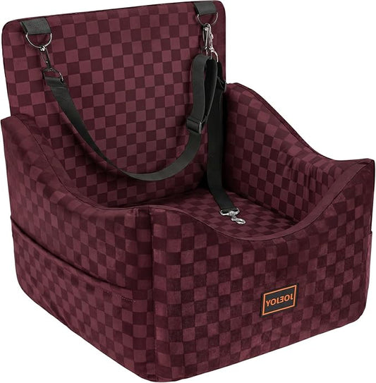 JOEJOY Elevated Dog Car Seat for Small/Medium Dogs up to 36 lbs, Memory Foam Booster Seat with Detachable Washable Cover, Travel-Safe Car Bed with Safety Belts & Storage Pockets, Red
