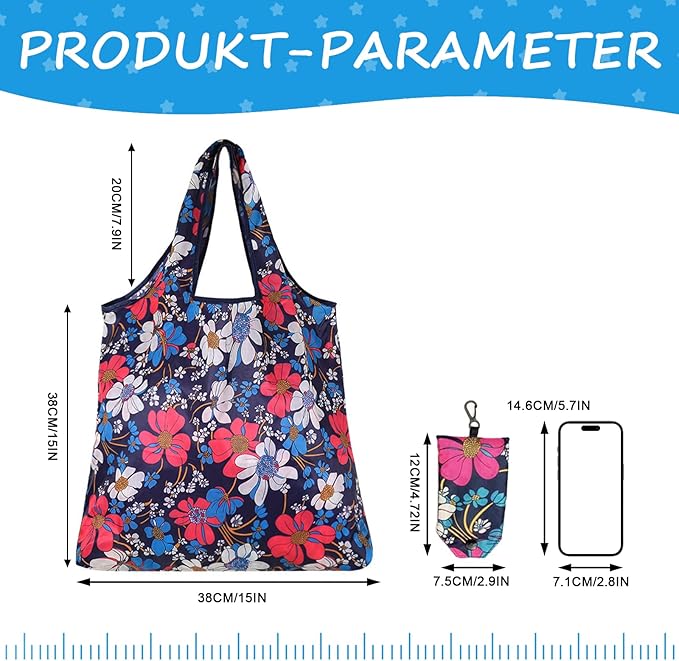 6 Pcs Reusable Shopping Bags Foldable,Grocery Bags in Pocket,Waterproof and Machine Washable,Eco-friendly Travel Recycle Polyester Tote Bags for Daily Shopping Supplies load
