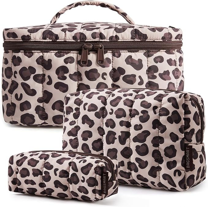 BAGSMART Travel Makeup Bag for Women, 3 Pcs Puffy Quilted Cotton Cosmetic Organizer, Large Toiletry Case and Small Purse Pouch for Gym, Work, Girls (Leopard Print)