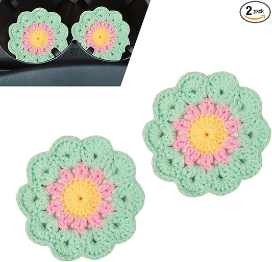 2 PCS Car Flower Coasters, Handmade Crochet Cotton Floral Insert Pad, Non-Slip Absorbent Insulated Placemat, Universal Boho Cute Decor Interior Accessory for Women Girls (Green)