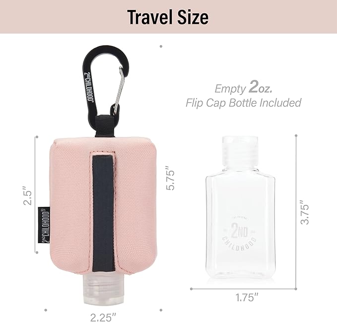 2nd Childhood Travel Hand Sanitizer Keychain – Small Refillable 2 oz Bottle with Clip-On Holder – Portable Sanitizer Case for Purse, Backpack, Gym Bag