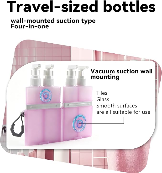 4 in 1 Travel Dispenser，Unbreakable Silicone Travel Dispenser Bottle, Vacuum Suction Wall Mounted Refillable Containers,Leakproof Toiletry Containers for Shampoo, Lotion, Baby Care-Pink.