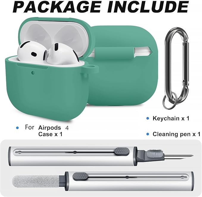 for AirPods 4th Case Cover, Soft Silicone Case with Cleaner Kit, Keychain, Full Protection for Men and Women, Compatible with AirPods 4th Generation (Pine Green)