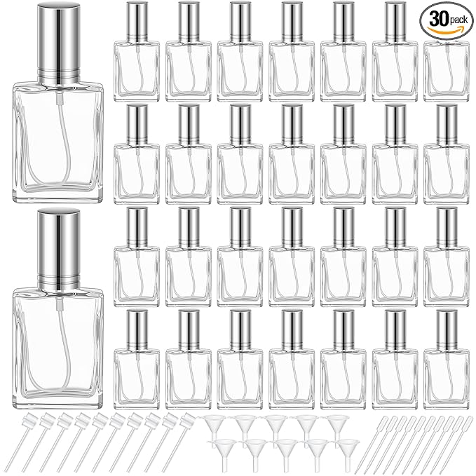 Domensi 30 Pcs 10/15/30/50 ml Glass Perfume Bottles Mini Glass Empty Spray Atomizer Bottles Bulk Refillable Perfume Dispenser Container with Pump Tool for Travel Skin Care (15 ml,Silver)