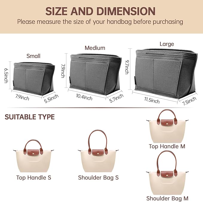 OPPOSHE Purse Organizer Insert for Longchamp Le Pliage, Premium Felt Long Champ Bag Handbag Women, Tote Organizer Insert with 6 Compartments (Small, Grey)