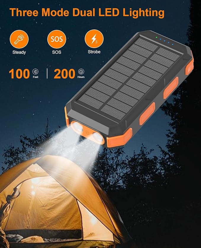 Solar Charger Power Bank 38800mAh, 22.5W USB-C Fast Charging Portable Charger with 4 Built-in Cables, External Battery Pack with Dual LED Emergency Flashlights for Camping, Hiking, Outdoor Use