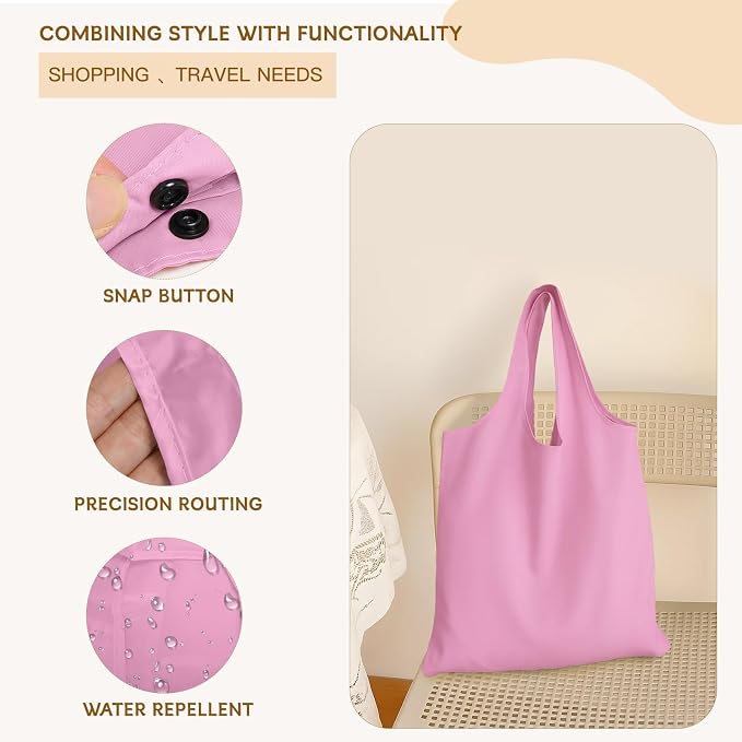 2 Pack Foldable Shopping Bag, Waterproof Reusable Grocery Tote Bag Holder,Nylon(Pink)