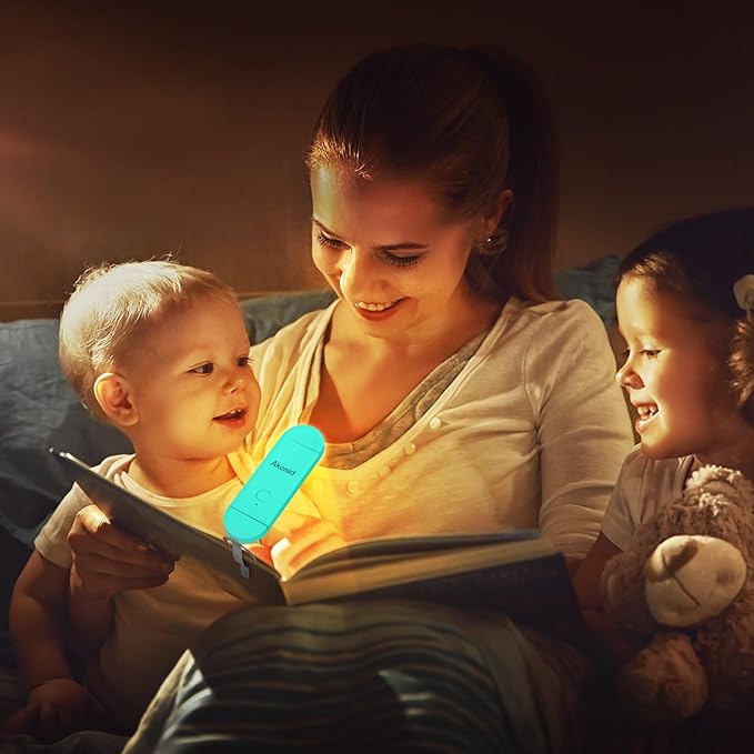 Akomid USB Rechargeable Book Light for Reading in Bed, 8 LEDs Bookmark Style Clip on, Eye-Cared Amber Light Mode for Kids, Blue Light Blocking, Stepless Dimming, Lake Blue