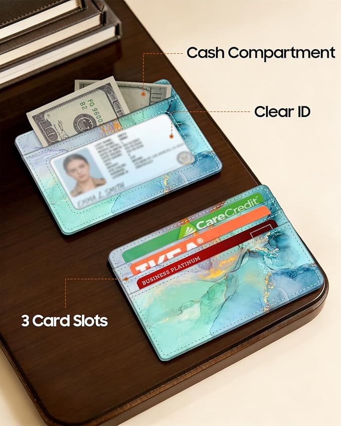 FINTIE Slim Minimalist Front Pocket Wallet, RFID Blocking Credit Card Holder Card Cases with ID Window for Men Women, emerald marble
