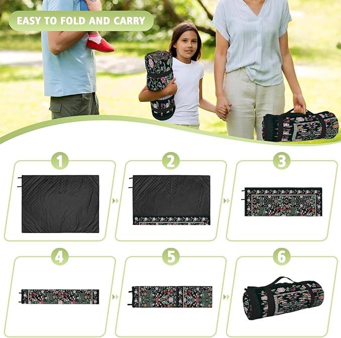 Floral Picnic Blankets Waterproof Foldable, 80″X80″ Extra Large Picnic Mat Boho Outdoor Blanket for Grass, Dark Packable Beach Blanket Sandproof Picnic Accessories for Camping Music Festival Park Lawn