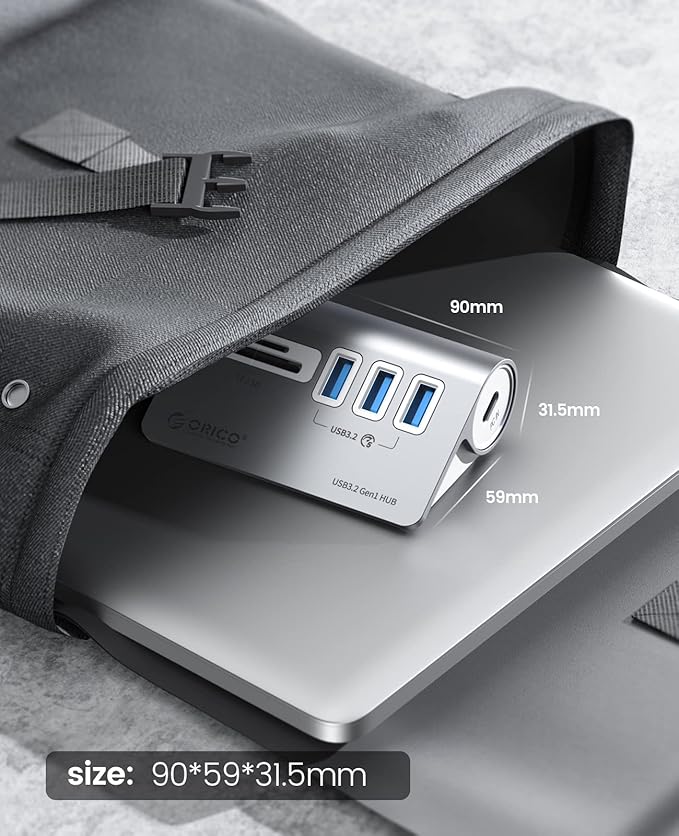 ORICO 5-Port USB 3.2 Gen1 Hub, Desktop USB 3.0Hub with 3 USB-A, SD/TF Card Reader, 5V 2A Power Supply Port, 5Gbps Aluminium USB-Splitter with 1.64Ft USB-C to USB-A/C Cable for iMac, MacBooks, Mac mini