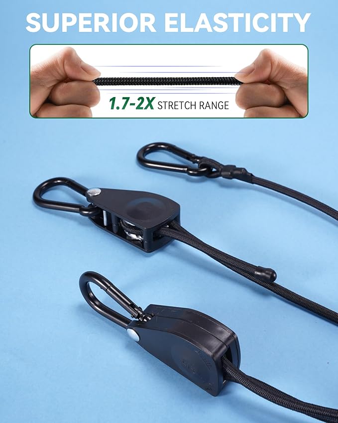 80" Heavy Duty Adjustable Carabiner Bungee Cord with Hooks, Easy to Adjust from 7" to 80", Black Ratchet Bungee Straps with Iron Carabiners & Superior Elasticity for Cargo, Luggage, Carts, etc (4 Pcs)