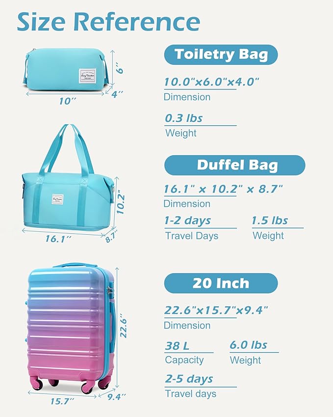 LONG VACATION Carry On Luggage Sets 3 Piece 20 Inch Suitcase Set, ABS+PC Hardshell Lightweight Travel Luggage with Spinner Wheels & YKK Zipper TSA Lock (Blue and Pink, 20 INCH)