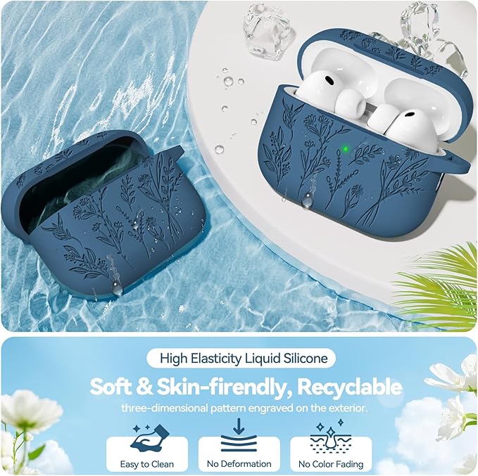 Ekoonpft for Airpods Pro 3 Case, Flower Engraved Cases for Apple AirPods Pro 3rd Generation 2025, Soft Silicone Cover for Men Women Girly with Cleaning Kit & Keychain, Anti-Scratch, Shockproof
