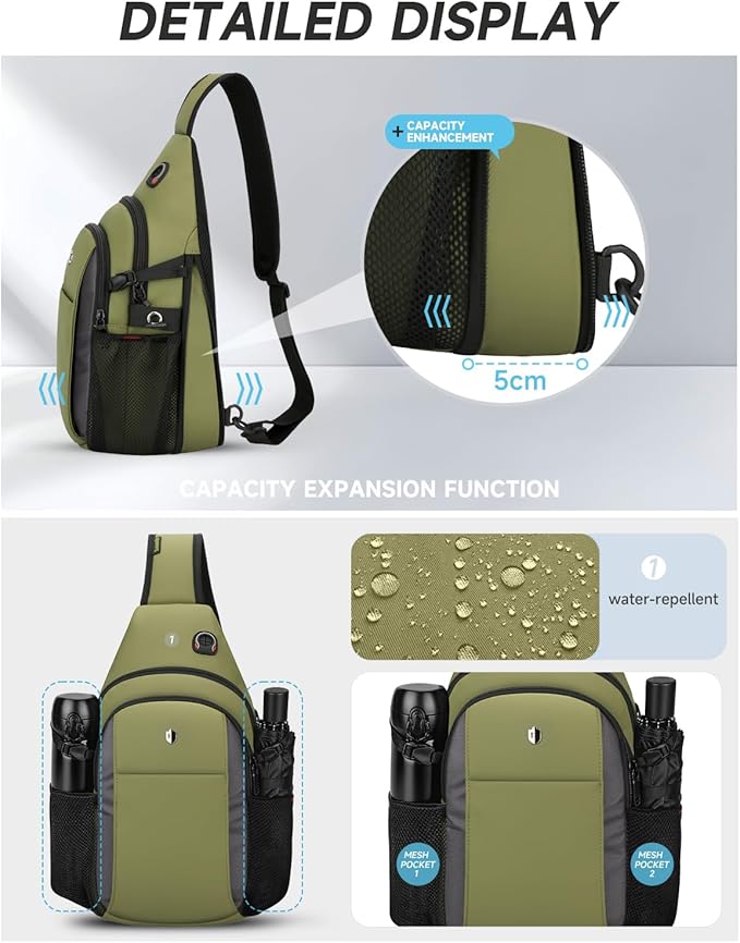 Tactical Sling Bag for Men, Expandable Army Green Chest Pack with Water Bottle Pocket & Earphone Port, Crossbody Backpack for Hiking, Travel & Outdoor, Fits Switch 2, 11 inch iPad | Mens Crossbody Bag